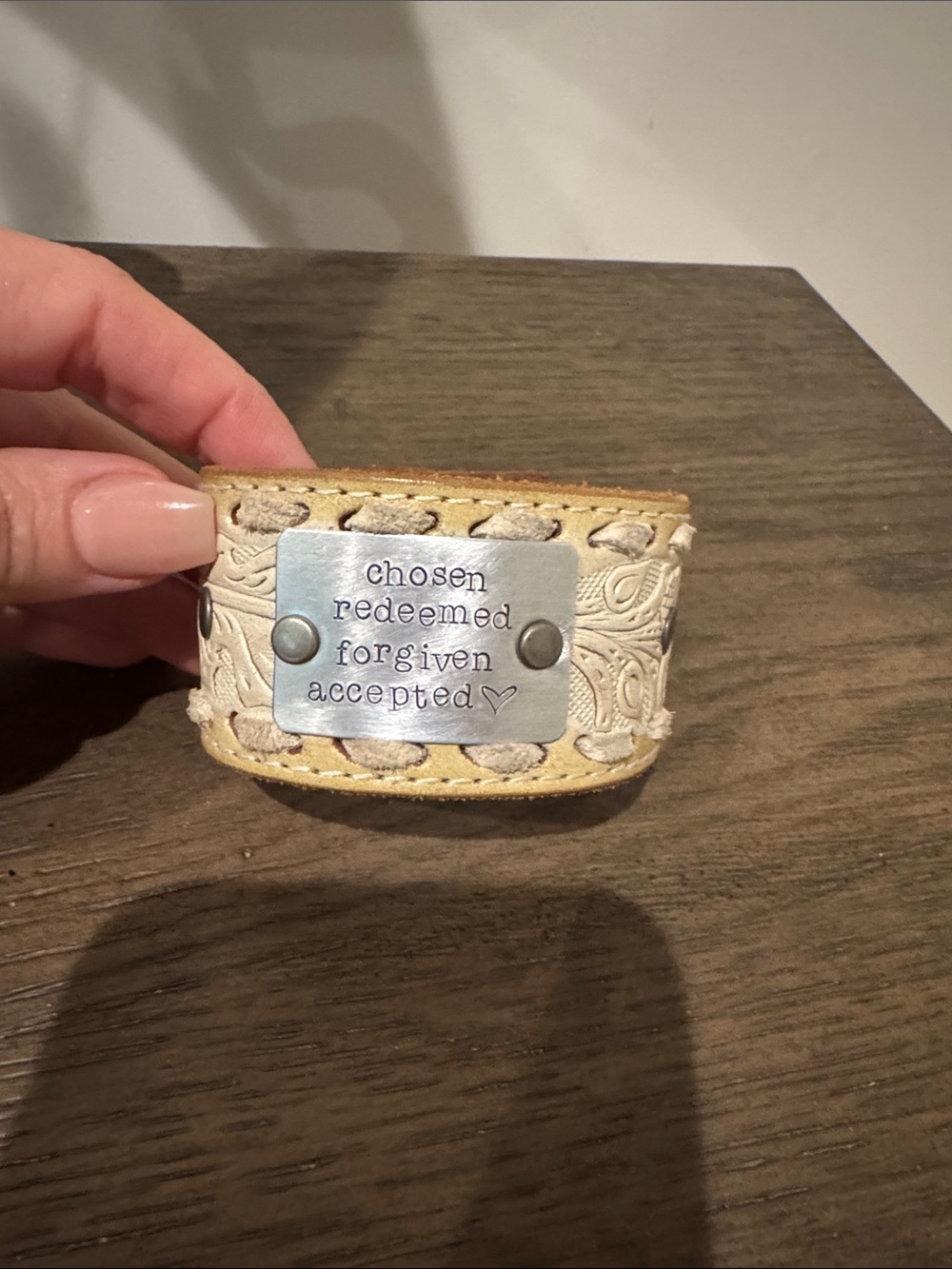 Handcrafted Leather Cuff Bracelet - Cream with Metal Plate